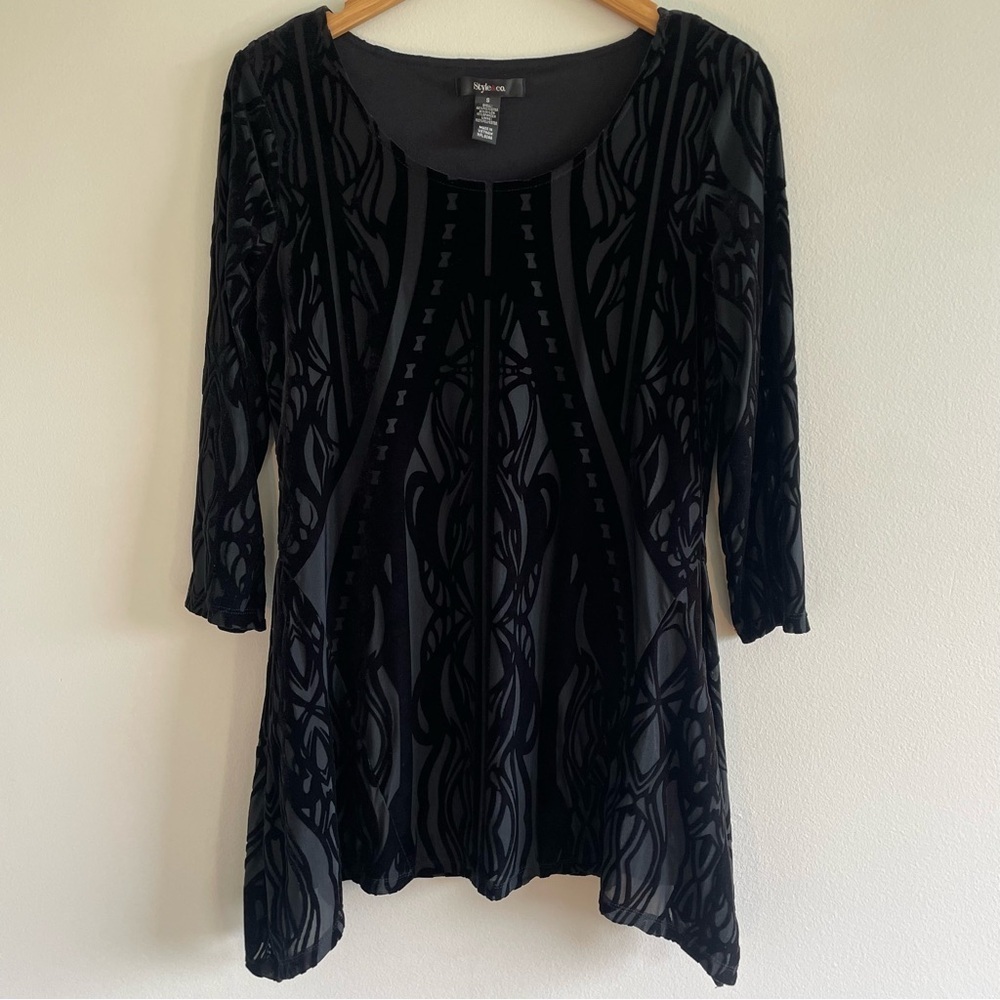 Style & Co Womens Witchy Whimsigoth Black Velvet Patterned Burnout Top Size S